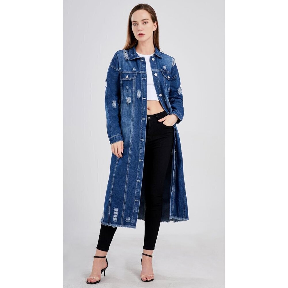 Women's Spring Fashion Ripped Holes Maxi Long Denim Jacket Trench Coat Dark Blue - Picture 2 of 5